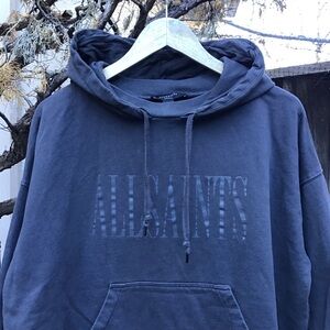 Allsaints Mens Pullover Hoodie Medium Grey Logo Graphic Cotton Casual